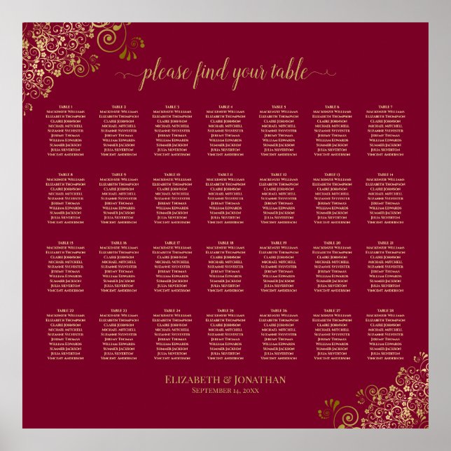 28 Tisch Burgundy mit Gold Frills Seating Chart Poster (Vorne)