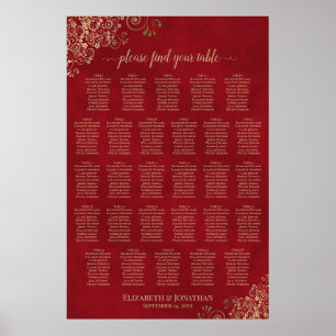 28 Tisch Elegante Rot & Gold Hochzeit Sitzordnung Poster