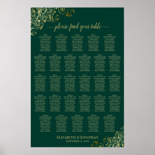 28-Tisch-Hochzeits-Sitzordnung Smaragdgrün Gold Poster