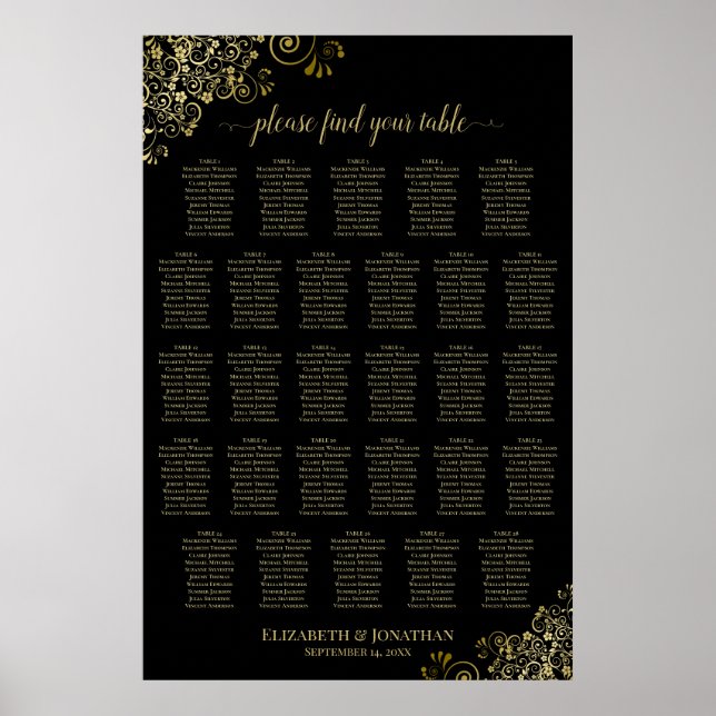 28 Tisch Hochzeitskarte Black & Gold Frills Poster (Vorne)