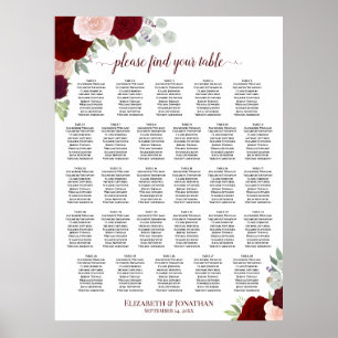 28 Tisch Hochzeitsplan Roter & Rosa Rosen Sitzordn Poster