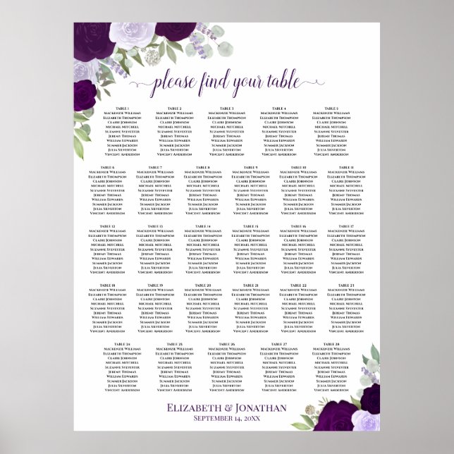 28-Tisch-Lila-Boho-Floral-Hochzeits-Sitzplan Poster (Vorne)
