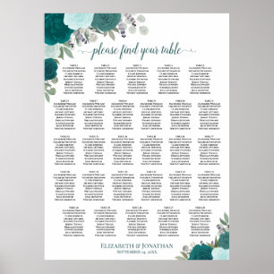 28-Tisch-Teal-Boho-Floral-Hochzeits-Sitzplan Poster