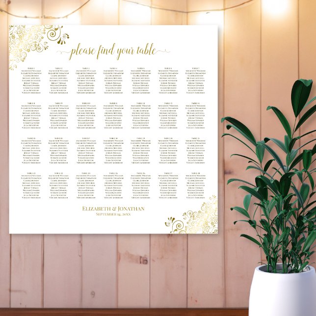 28 Tischdecken für Hochzeitssitze, weiß und goldfa Poster (In Situ on Wall)