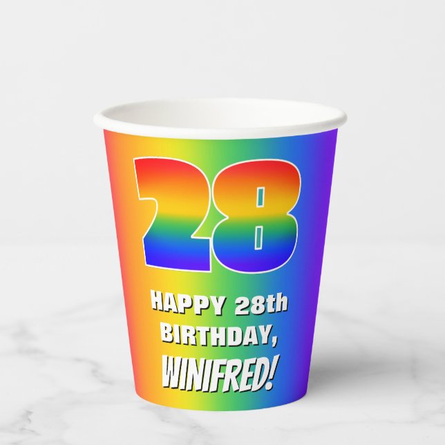 28th Birthday: Colorful, Fun Rainbow Pattern # 28 Pappbecher (Vorderseite)