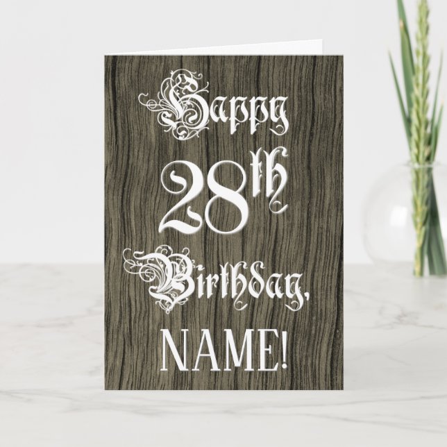 28th Birthday: Fancy, Elegant Text; Faux Wood Look Karte (Vorderseite)