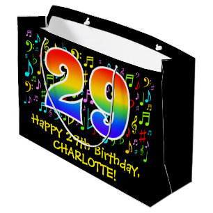 29. Geburtstag - Farbige Musiksymbole, Regenbogen  Große Geschenktüte