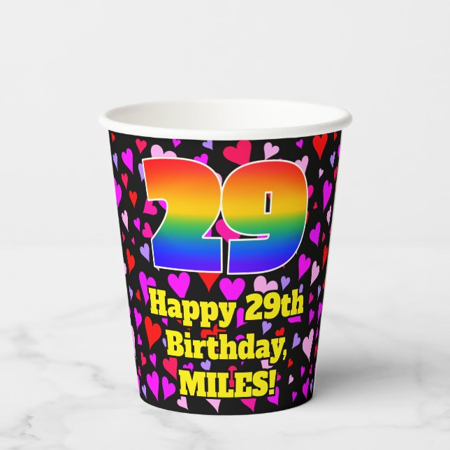 29. Geburtstag: Loving Hearts Pattern, Regenbogen  Pappbecher (Rückseite)