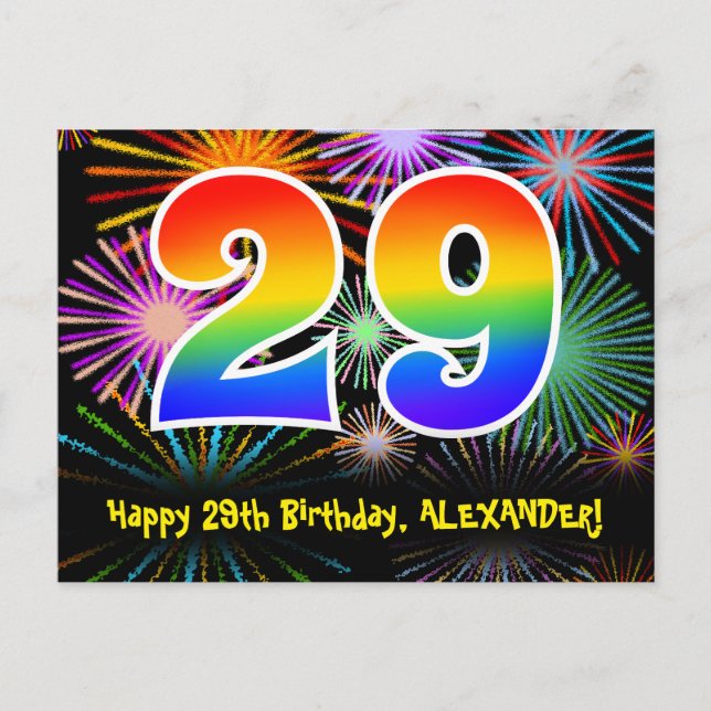 29. Geburtstag – Lustiges Feuerwerk-Muster + Regen Postkarte (Vorderseite)