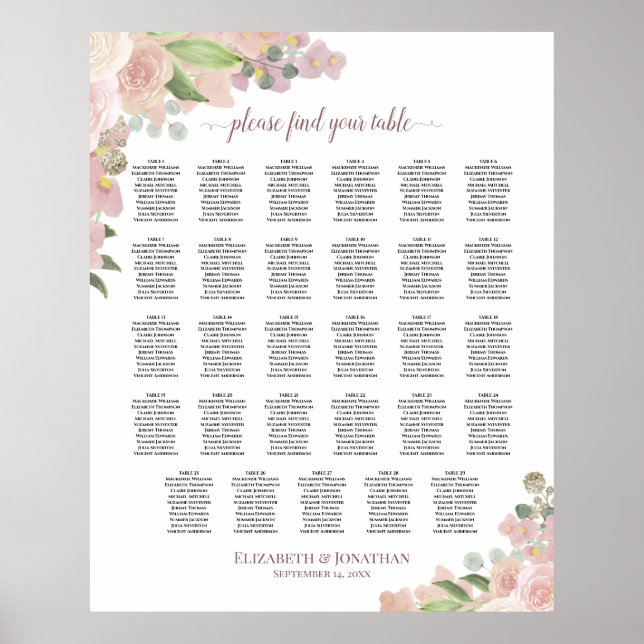 29 Tabelle Elegant Rosa Blütensitzkarte Poster (Vorne)
