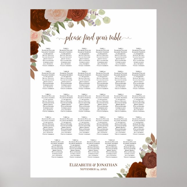 29-Tisch-Herbst-Blumen-Boho-Hochzeits-Sitzplan Poster (Vorne)