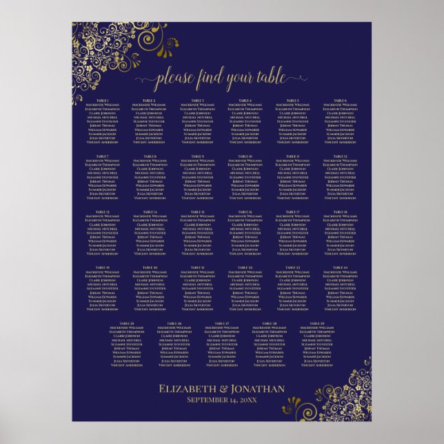 29 Tisch Hochzeitskarte Navy Blue & Gold Poster (Vorne)
