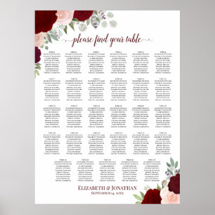 29-Tisch-Rot- und Rosa-Blumen-Hochzeits-Sitzplan Poster
