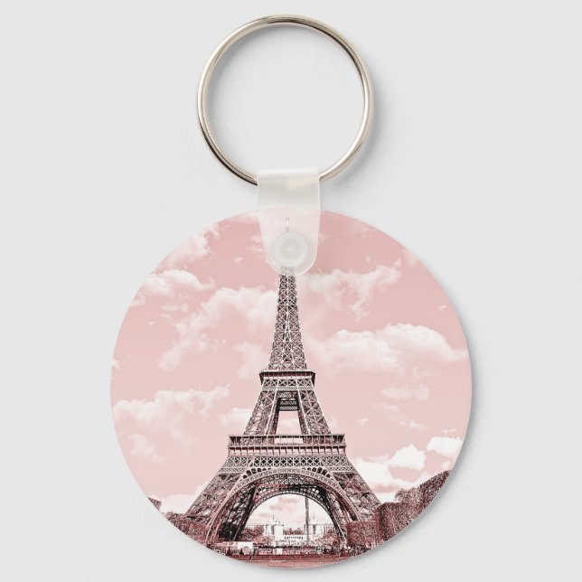 2.25" Basic Button Keychain Pink Eiffel Tower Schlüsselanhänger (Vorderseite)