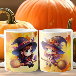 2 Adorable Niedliche Hexe mit Besen, Halloween Kaffeetasse