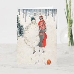 2 Art Deco Frauen beim Spaziergang im Schnee 1923 Feiertagskarte