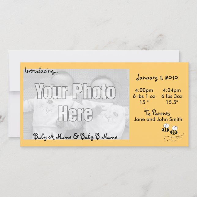 2 Bienen Twins Foto Geburtsankündigung Ankündigung (Vorderseite)