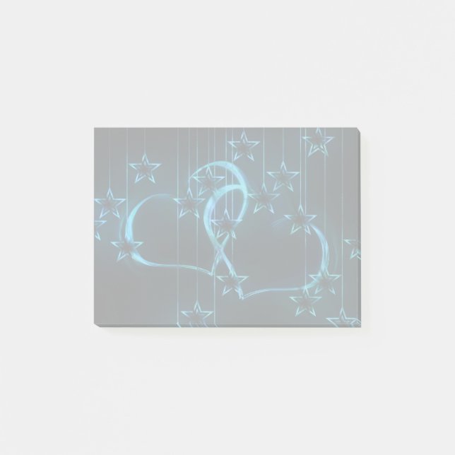 2 blaue Herzen und Sterne Post-it Klebezettel (Vorderseite)