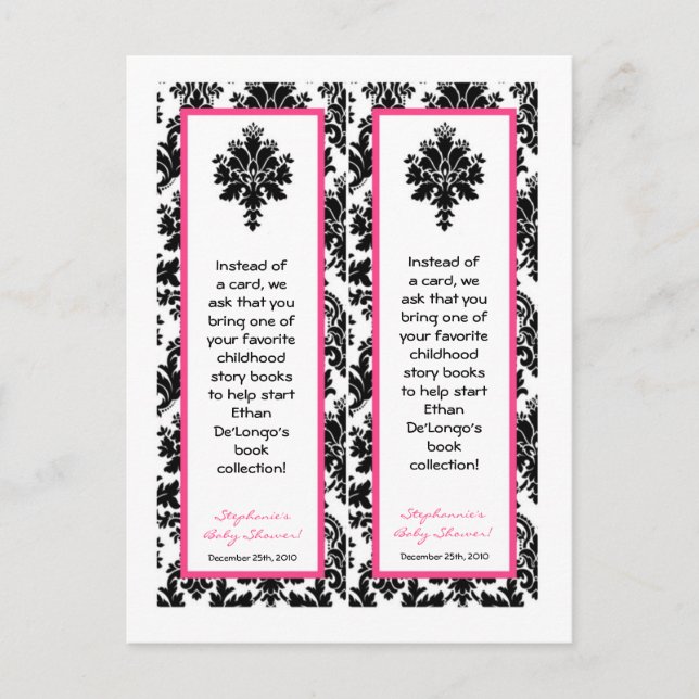 2 Buchmarken Hot Pink Black Damask Einladungspostkarte (Vorderseite)