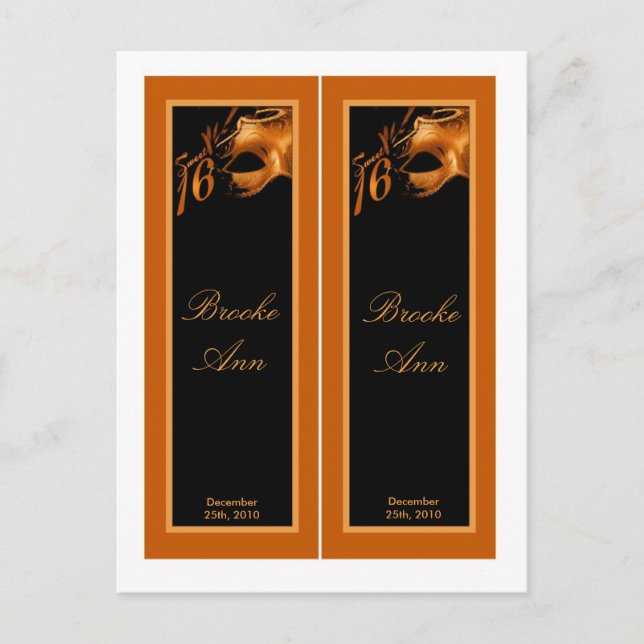 2 Buchmarken Sweet 16 Orange Black Party Einladungspostkarte (Vorderseite)