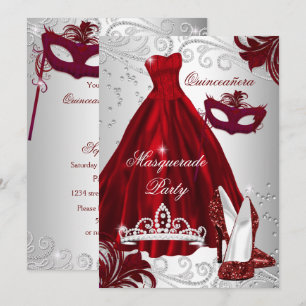 2 Burgundy Silver Dress Masquerade Quinceanera Einladung