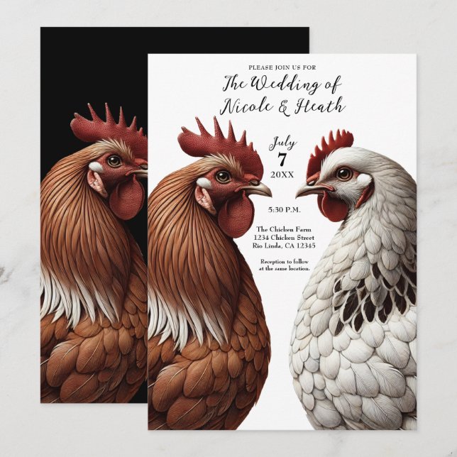 2 Country Chickens Farm Barnyard Hochzeit Einladung (Vorne/Hinten)