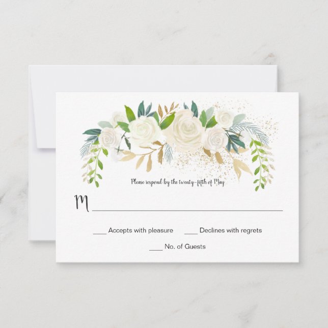 #2 Cream White Roses Glitzer Grüne UAWG | RSVP Karte (Vorderseite)