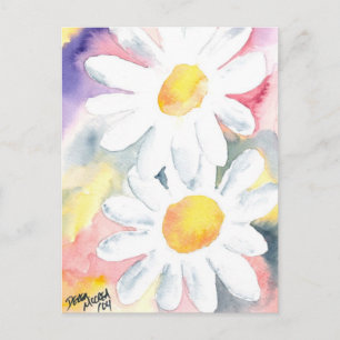 2 daisy flowers watercolor whimsical art painting postkarte