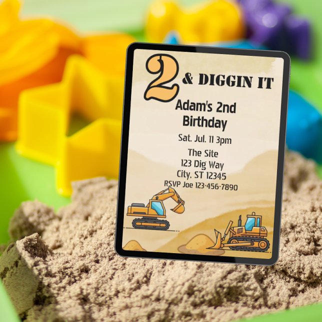 2 & Diggin It, Construction Vehicle 2nd Birthday Einladung (Von Creator hochgeladen)
