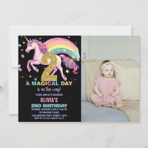 2. Einhorn Geburtstag Einladungen Schwarzes Foto