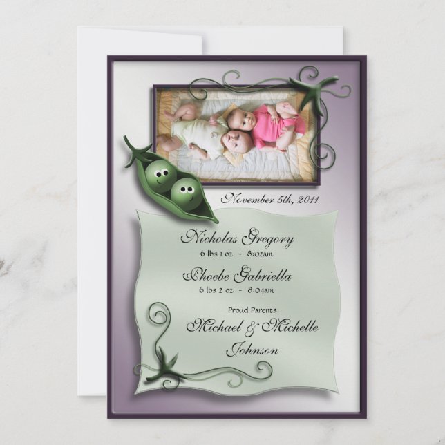 2 Erbsen in einem Pod Twins Geburtsankündigungen Ankündigung (Vorderseite)