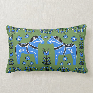 2 Folk Dala Pferd/Folk Blumen, weiß/grün/blau Lendenkissen