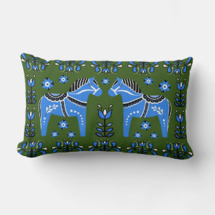 2 Folk Dala Pferd/Folk floral, weiß/grün/blau Lu Lendenkissen