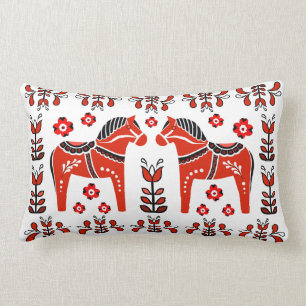 2 Folk Dala Pferd/Folk floral, weiß/rot Lendenkissen