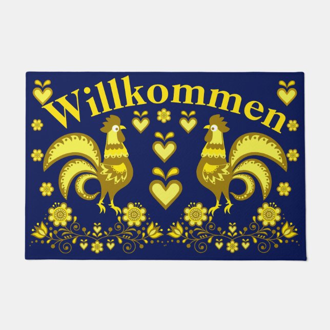 2 Folk Roosters, Gold/Blau Willkommen, willkommen Fußmatte (Vorderseite)