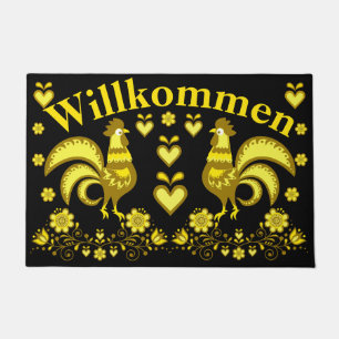 2 Folk Roosters, Gold/Schwarz Willkommen, willkomm Fußmatte