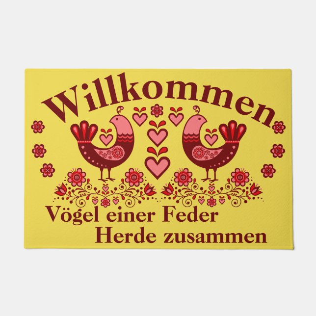 2 Folk Vögel einer Feder, Willkommen, rot Fußmatte (Vorderseite)