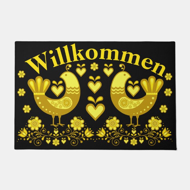2 Folkloregeflügel, Gold/Schwarz Willkommen, willk Fußmatte (Vorderseite)