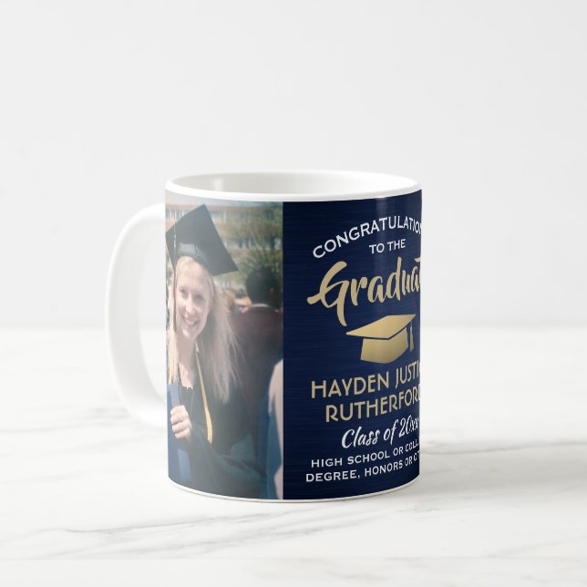 2 Foto Abschluss Brushed Navy Blue Gold & White Kaffeetasse (Vorderseite Links)