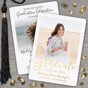 2 Foto Abschluss Celebration Simple Script Gold Folieneinladung
