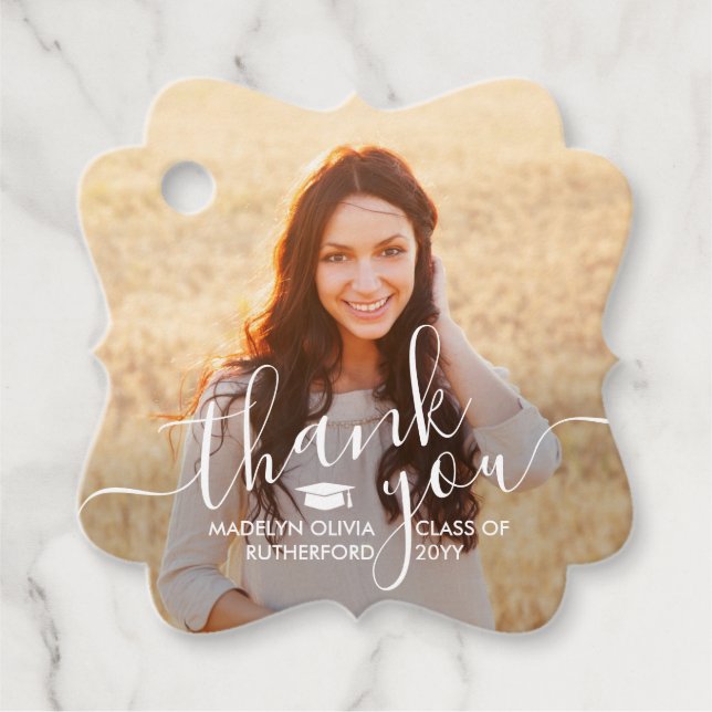 2 Foto Abschluss Danke White Script Extravagant Geschenkanhänger (Vorderseite)