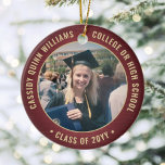 2 Foto Abschluss Elegant Brushed Burgundy & Gold Keramik Ornament<br><div class="desc">Erinnern Sie sich an den Erfolg des Absolventen mit einem eleganten Bordeaux und Gold Brand Brand Brand und Brand zwei Foto rund Abschluss Weihnachtsschmuck. Bilder und Text sind einfach zu verändern und können auf Vorder- und Rückseite unterschiedlich sein. (IMAGE & TEXT DESIGN TIPS: 1) Um die Position der Formulierung anzupassen,...</div>