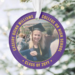 2 Foto Abschluss Modernes Lila Gelb Ornament<br><div class="desc">Erinnern Sie sich an den Erfolg des Absolventen mit einem eleganten lila und goldgelben Brauch zwei Foto rund Abschluss Weihnachtsschmuck. Bilder und Text sind einfach zu verändern und können auf Vorder- und Rückseite unterschiedlich sein. (IMAGE & TEXT DESIGN TIPS: 1) Um die Position der Formulierung anzupassen, fügen Sie Leerzeichen am...</div>