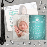 2 Foto Abschluss Save the Date Aquamarine Imitate  Ankündigungspostkarte<br><div class="desc">Die Zeit fliegt! Teilen Sie die freudigen Neuigkeiten über Ihre bevorstehende Abschlussfeier sowie 2 Lieblingsfotos von damals und jetzt mit diesen eleganten aquamarinen und silbernen Glitzer Save the Date Postkarteneinladungen. Bilder und Formulierungen sind einfach anzupassen. Ändern Sie vorzugsweise "Diese Süsse" in "Unsere Prinzessin" oder einen anderen Text. (IMAGE PLACEMENT TIP:...</div>