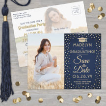 2 Foto Abschluss Save the Date Navy Blue & Gold