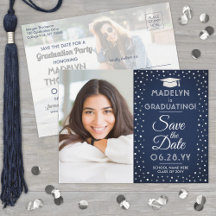 2 Foto Abschluss Save the Date Navy Blue & White