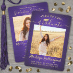 2 Foto Abschluss Script Lila und Gold gegossen Einladung<br><div class="desc">Teilen Sie die Freude an einer High School oder Uni-Abschluss und laden Sie Familie und Freunde zu feiern mit diesen maßgeschneiderten 2 Foto lila und goldene Party Einladungen. Alle Bilder und Texte sind einfach zu personalisieren. (IMAGE PLACEMENT TIP: Eine einfache Möglichkeit, ein Bild genau so zu zentrieren, wie Sie es...</div>