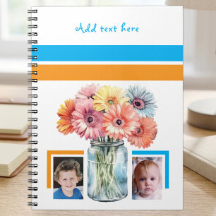 2 Foto benutzerdefinierter Text Blumen blau orange Notizblock