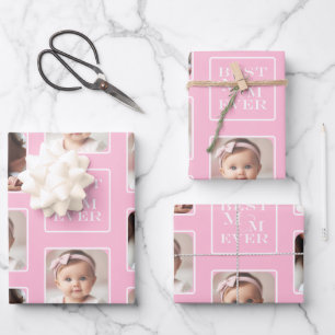 2-Foto "Beste Mama je" und Niedliche rosa Herzen Geschenkpapier Set