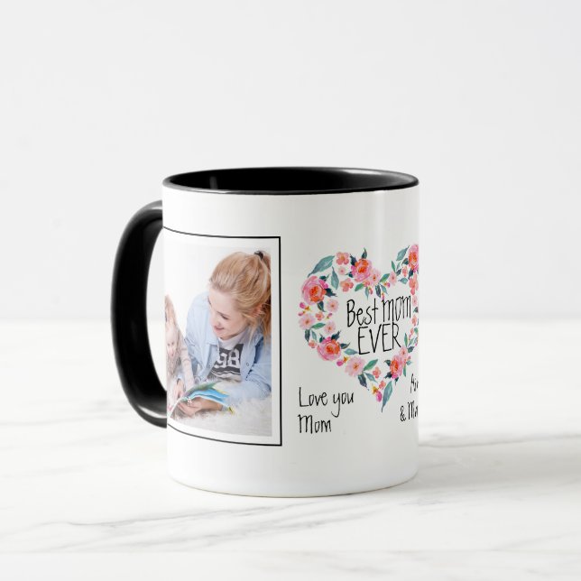 2 Foto-bestes Mama-überhaupt Rosa-BlumenherzWreath Tasse (Vorderseite Links)